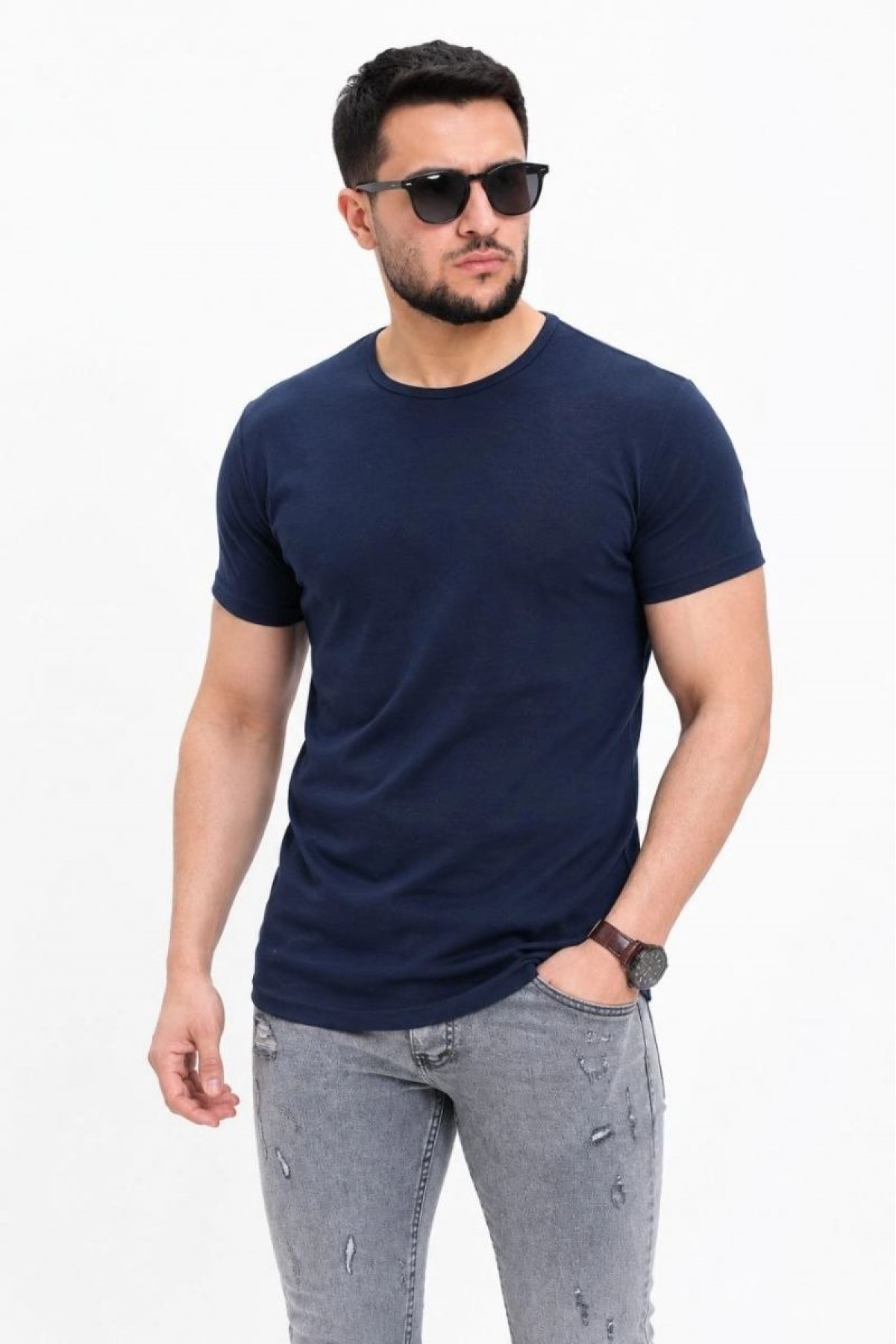 Erkek Basic Tişört Bisiklet Yaka Kısa Kol Günlük Yazlık Slim fit T-Shirt - Lacivert