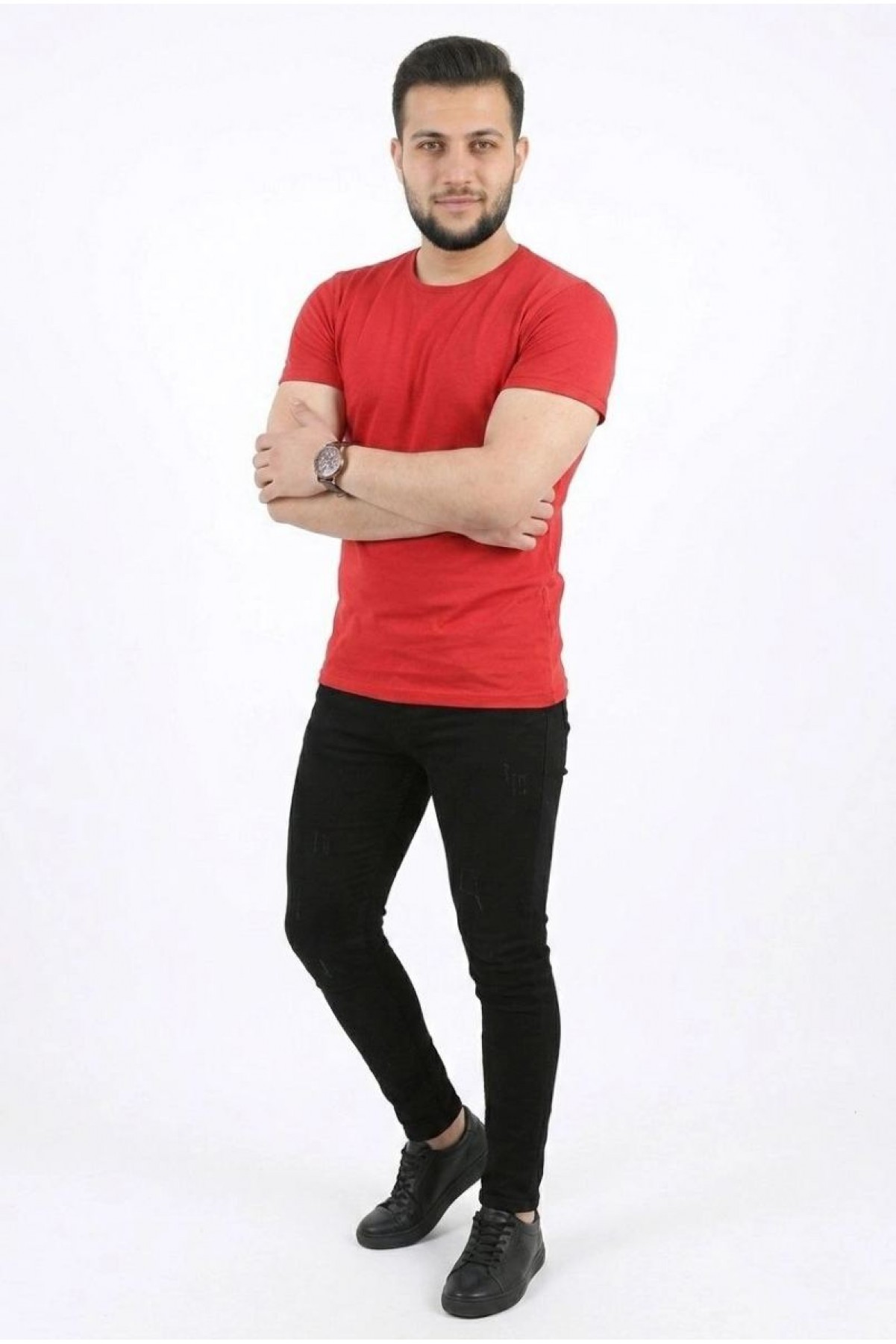 Erkek Basic Tişört Bisiklet Yaka Kısa Kol Günlük Yazlık Slim fit T-Shirt - Kırmızı