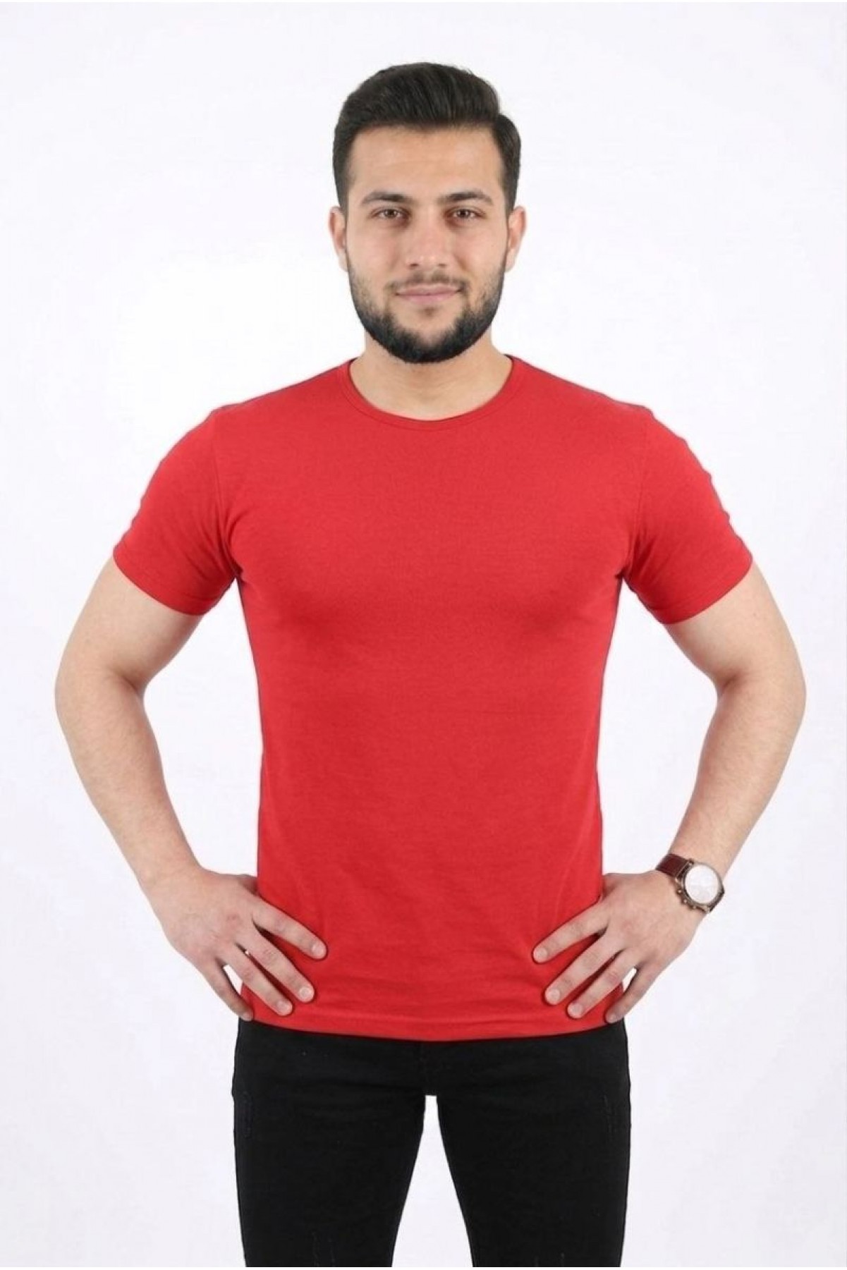 Erkek Basic Tişört Bisiklet Yaka Kısa Kol Günlük Yazlık Slim fit T-Shirt - Kırmızı