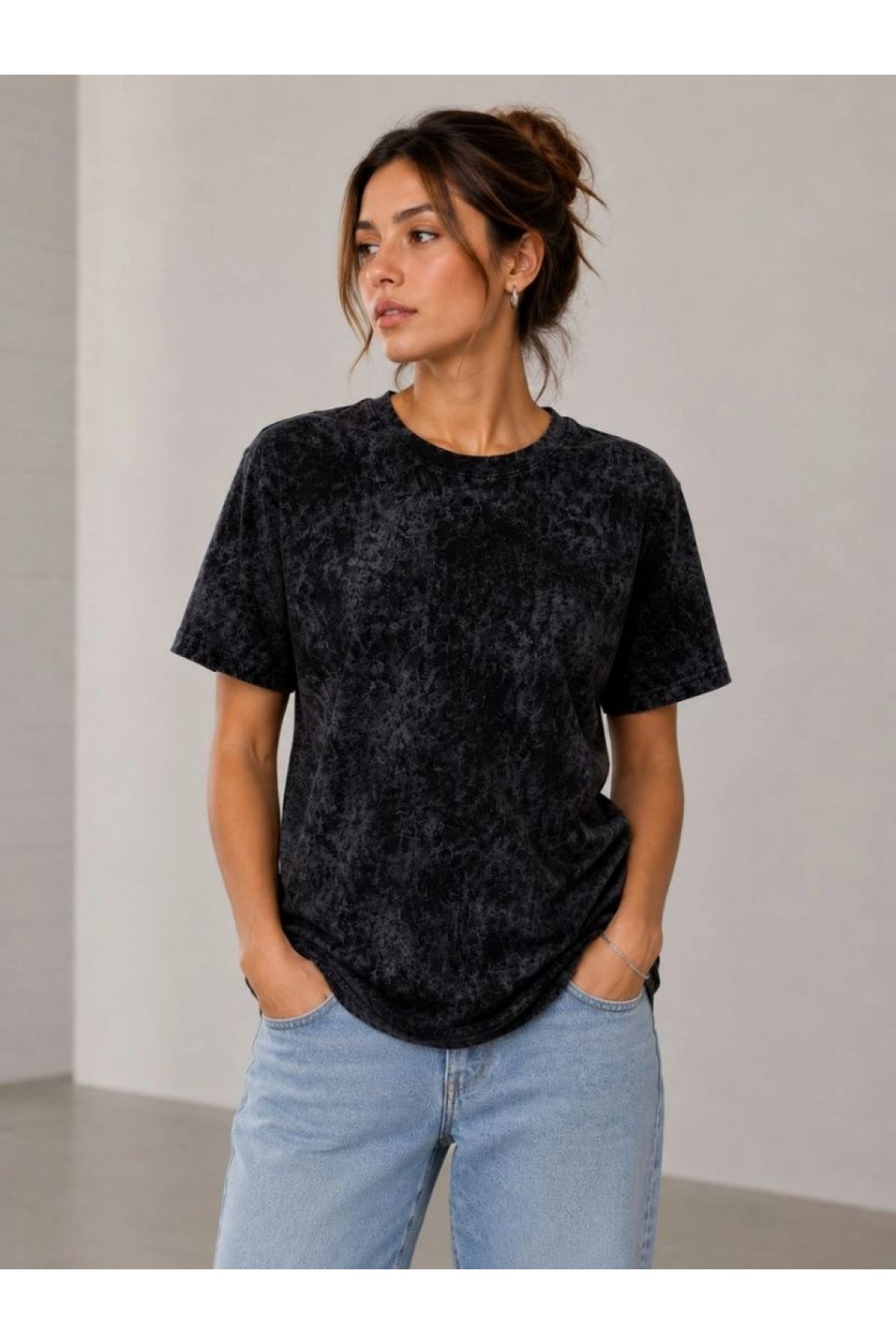 Kadın Yıkamalı Washed Effect Tişört Bisiklet Yaka Sokak Stil Kısa Kol T-Shirt - Siyah