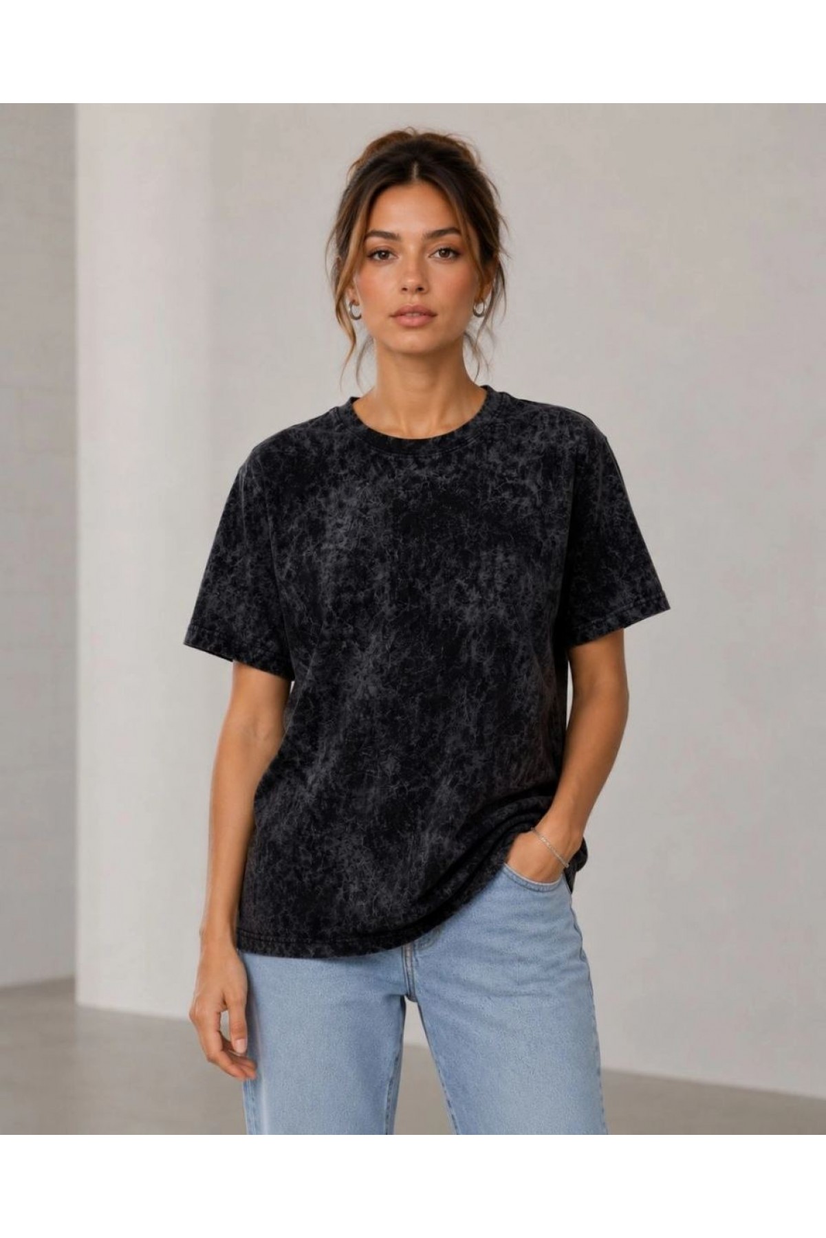 Kadın Yıkamalı Washed Effect Tişört Bisiklet Yaka Sokak Stil Kısa Kol T-Shirt - Siyah