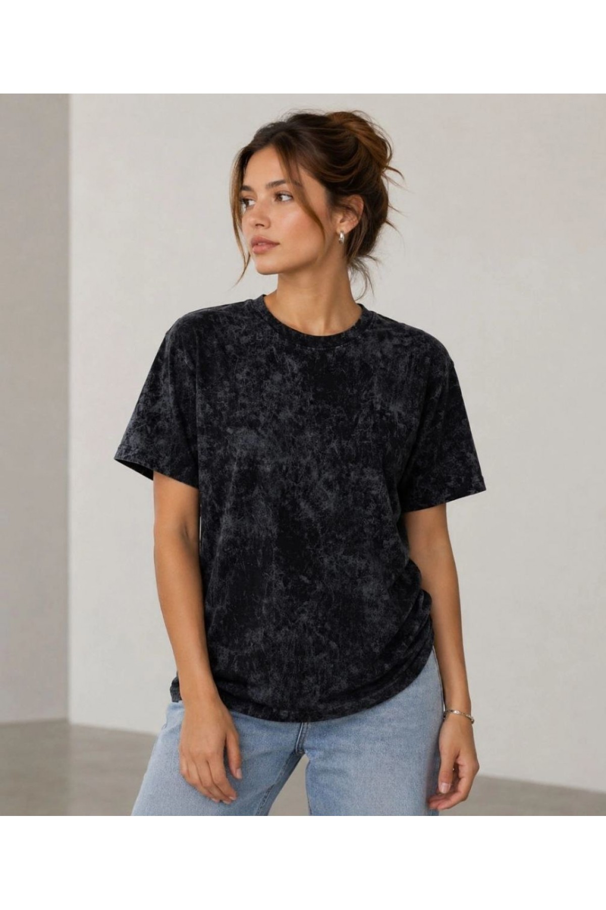 Kadın Yıkamalı Washed Effect Tişört Bisiklet Yaka Sokak Stil Kısa Kol T-Shirt - Siyah