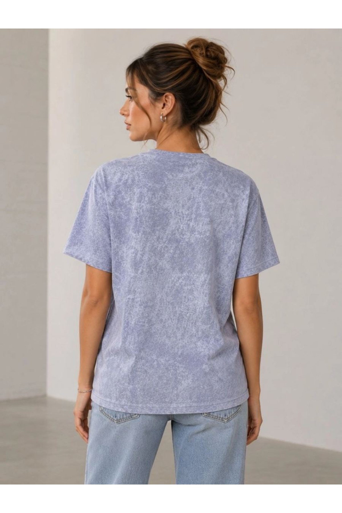 Kadın Yıkamalı Washed Effect Tişört Bisiklet Yaka Sokak Stil Kısa Kol T-Shirt - Gri