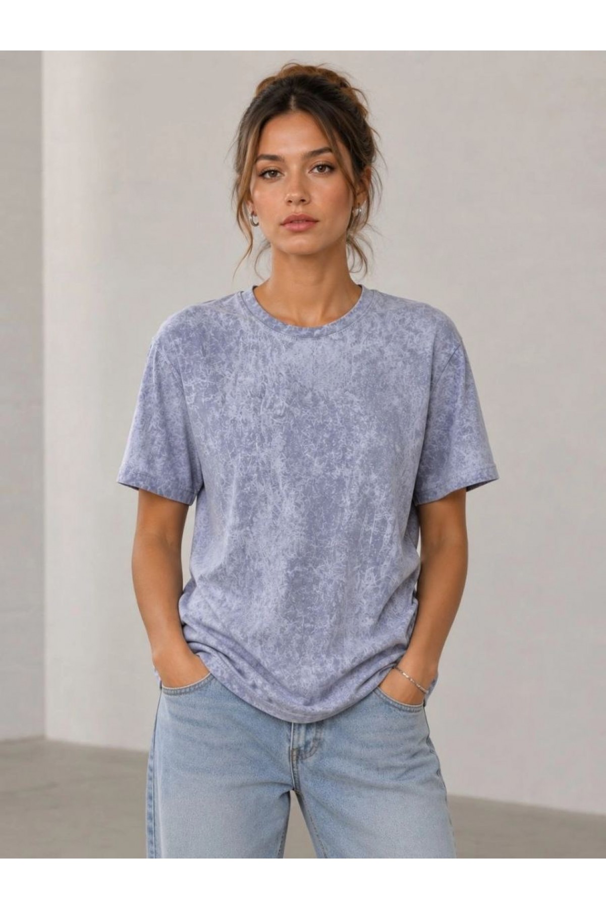 Kadın Yıkamalı Washed Effect Tişört Bisiklet Yaka Sokak Stil Kısa Kol T-Shirt - Gri
