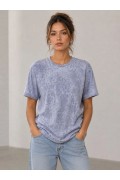 Kadın Yıkamalı Washed Effect Tişört Bisiklet Yaka Sokak Stil Kısa Kol T-Shirt - Gri