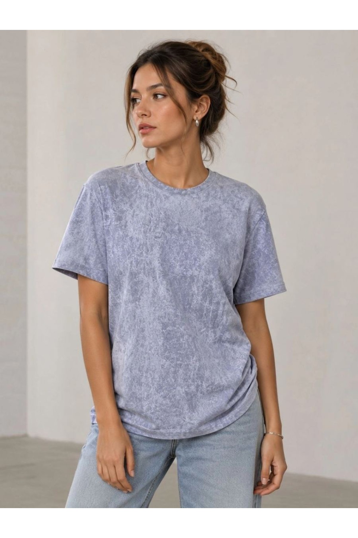 Kadın Yıkamalı Washed Effect Tişört Bisiklet Yaka Sokak Stil Kısa Kol T-Shirt - Gri