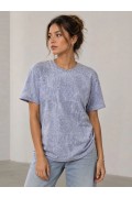 Kadın Yıkamalı Washed Effect Tişört Bisiklet Yaka Sokak Stil Kısa Kol T-Shirt - Gri