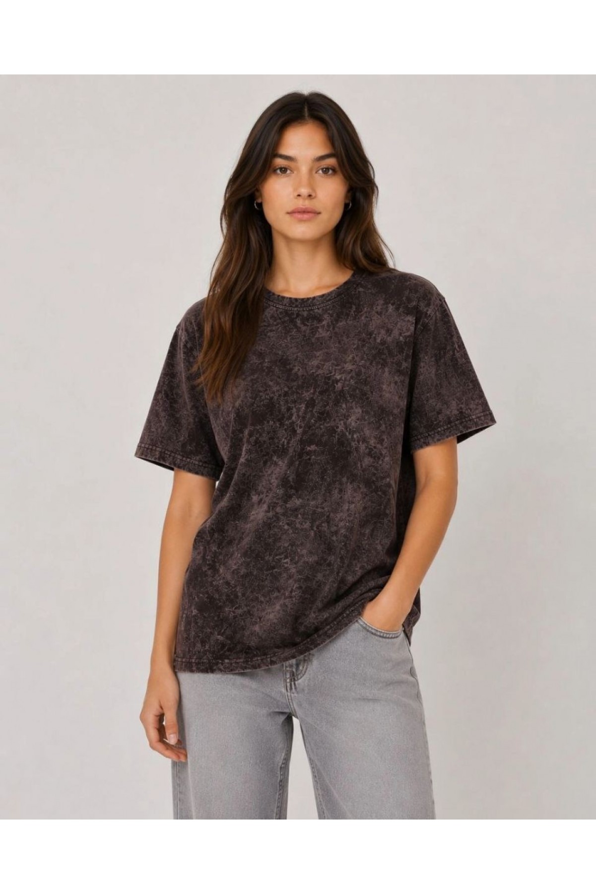 Kadın Yıkamalı Washed Effect Tişört Bisiklet Yaka Sokak Stil Kısa Kol T-Shirt - Siyah