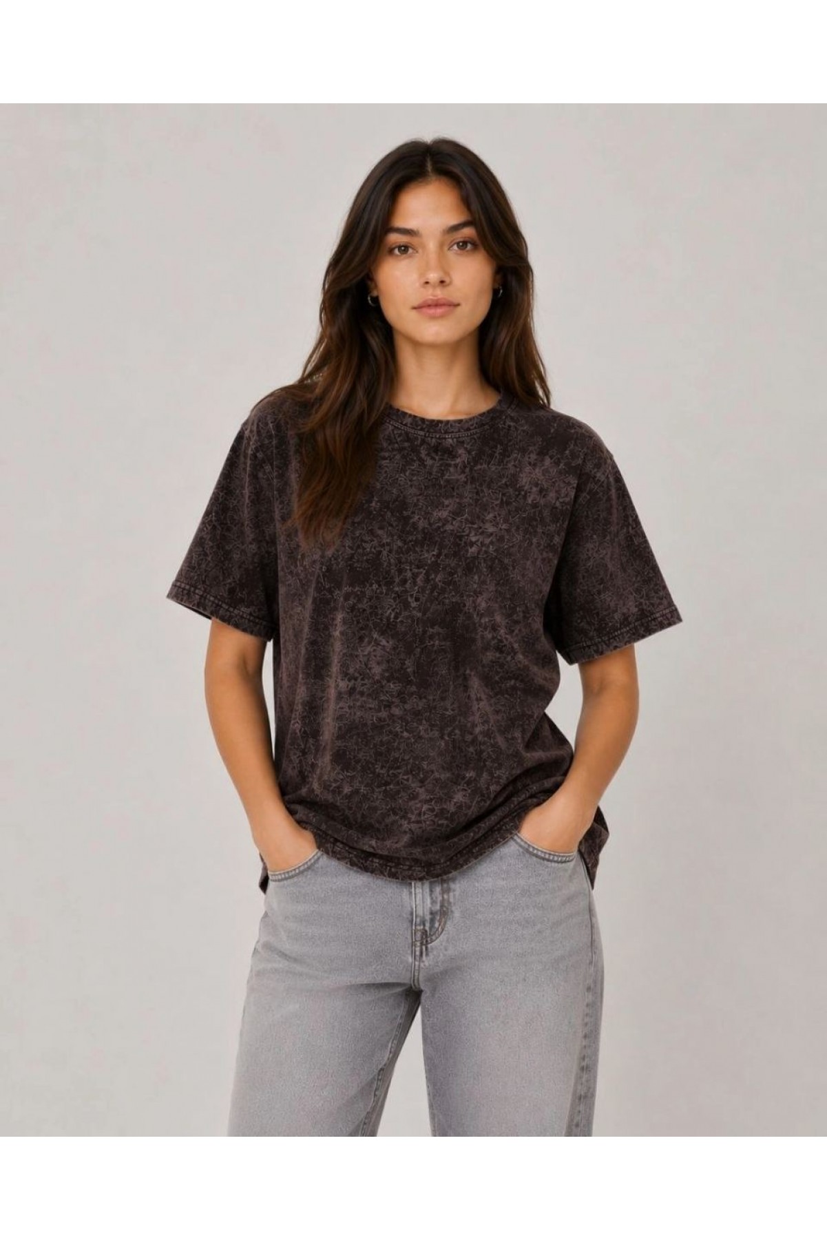 Kadın Yıkamalı Washed Effect Tişört Bisiklet Yaka Sokak Stil Kısa Kol T-Shirt - Siyah