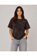 Kadın Yıkamalı Washed Effect Tişört Bisiklet Yaka Sokak Stil Kısa Kol T-Shirt - Siyah