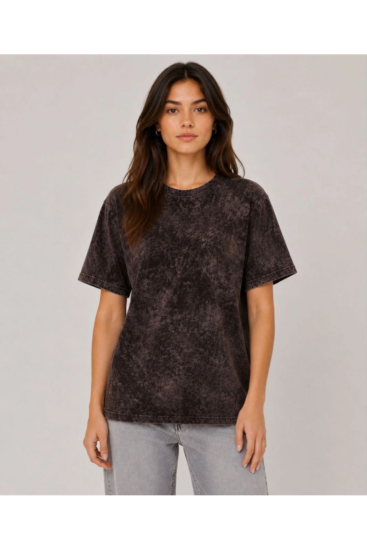 Kadın Yıkamalı Washed Effect Tişört Bisiklet Yaka Sokak Stil Kısa Kol T-Shirt - Siyah