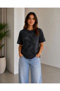 Kadın Batik Desenli Tişört Bisiklet Yaka Kısa Kol Regular Fit T-shirt - Siyah