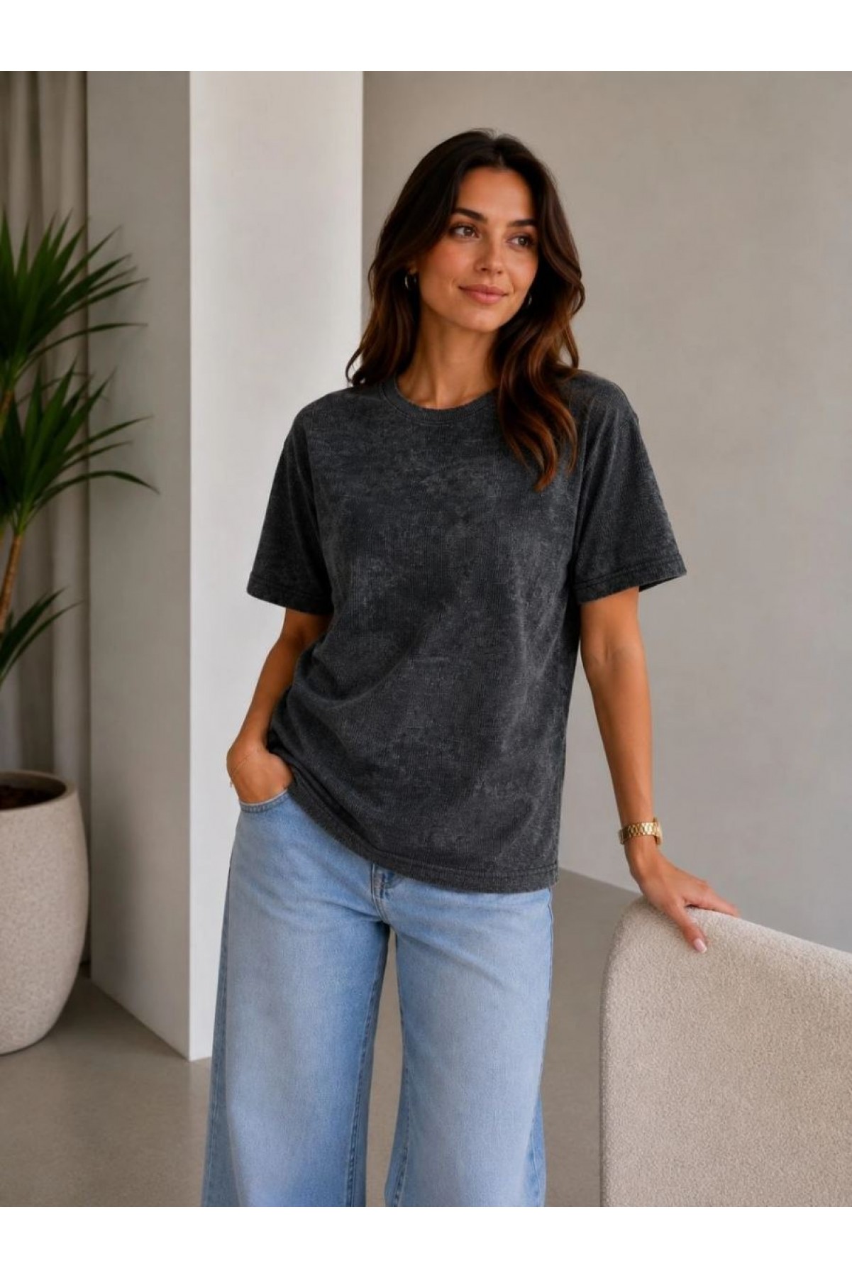 Kadın Batik Desenli Tişört Bisiklet Yaka Kısa Kol Regular Fit T-shirt - Siyah