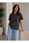 Kadın Batik Desenli Tişört Bisiklet Yaka Kısa Kol Regular Fit T-shirt - Siyah