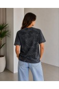 Kadın Batik Desenli Tişört Bisiklet Yaka Kısa Kol Regular Fit T-shirt - Siyah