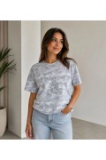 Kadın Batik Desenli Tişört Bisiklet Yaka Kısa Kol Regular Fit T-shirt - Gri