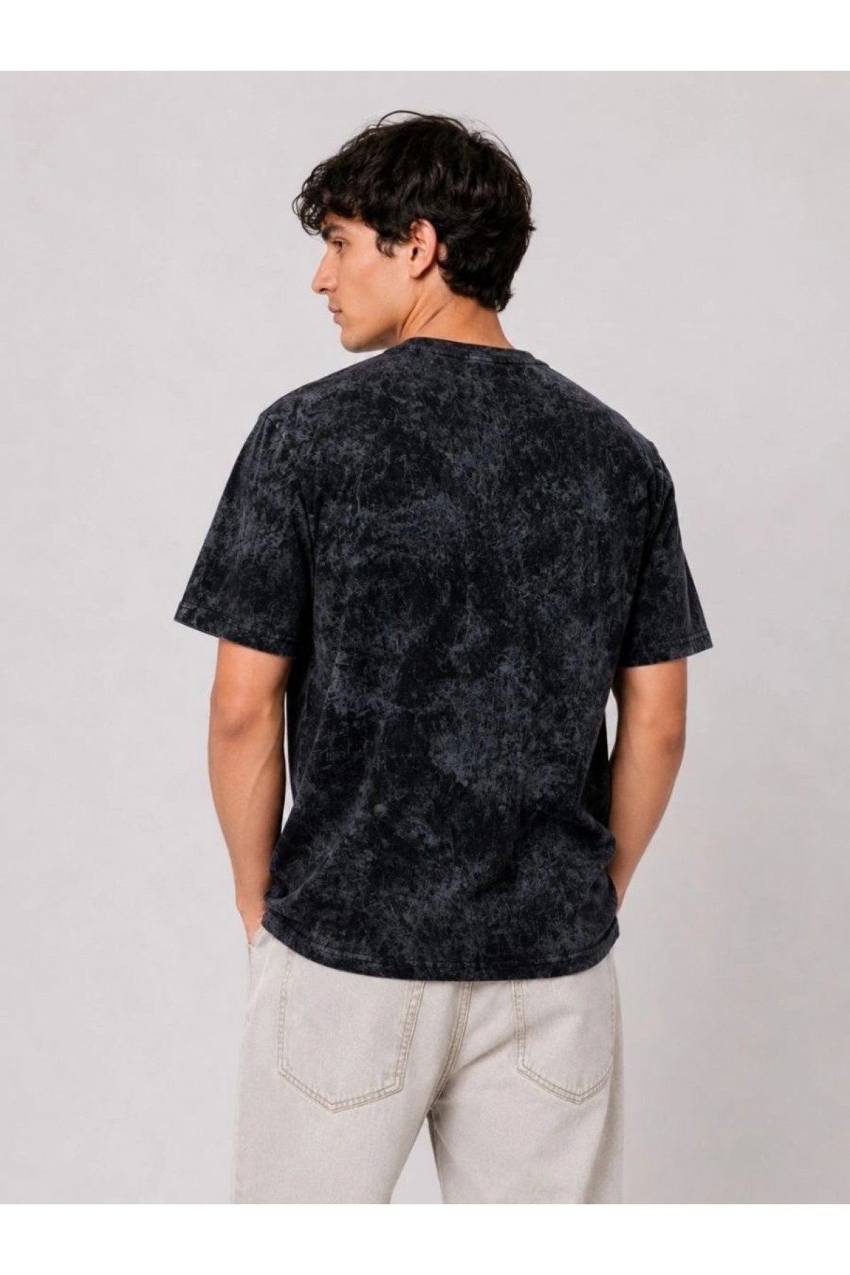 Erkek Yıkamalı Washed Effect Tişört Bisiklet Yaka Sokak Stil Kısa Kol T-Shirt - Siyah