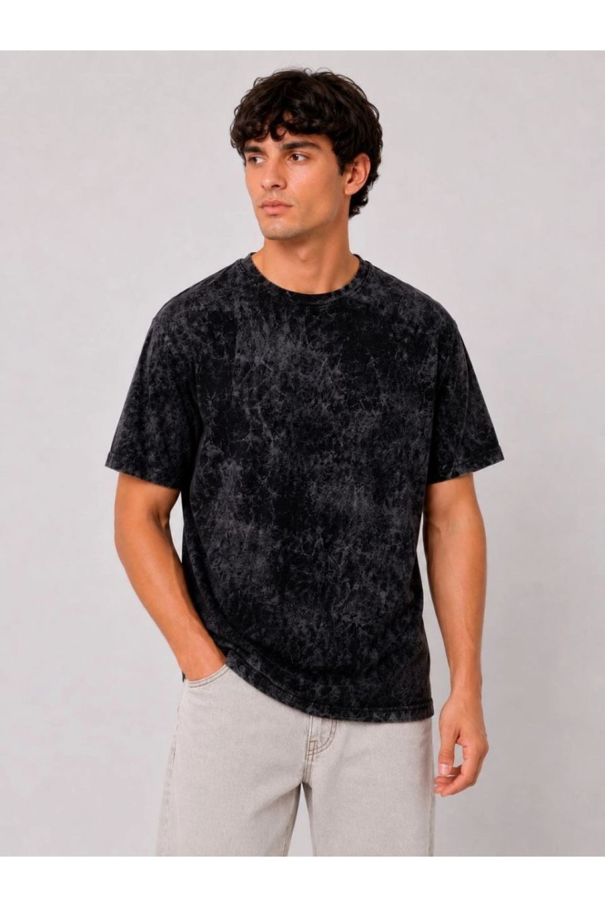 Erkek Yıkamalı Washed Effect Tişört Bisiklet Yaka Sokak Stil Kısa Kol T-Shirt - Siyah