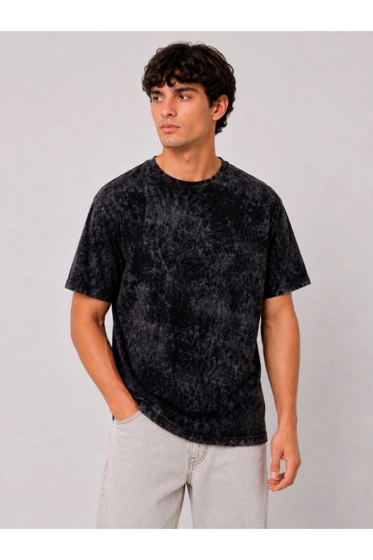 Erkek Yıkamalı Washed Effect Tişört Bisiklet Yaka Sokak Stil Kısa Kol T-Shirt - Siyah