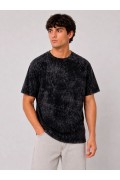 Erkek Yıkamalı Washed Effect Tişört Bisiklet Yaka Sokak Stil Kısa Kol T-Shirt - Siyah