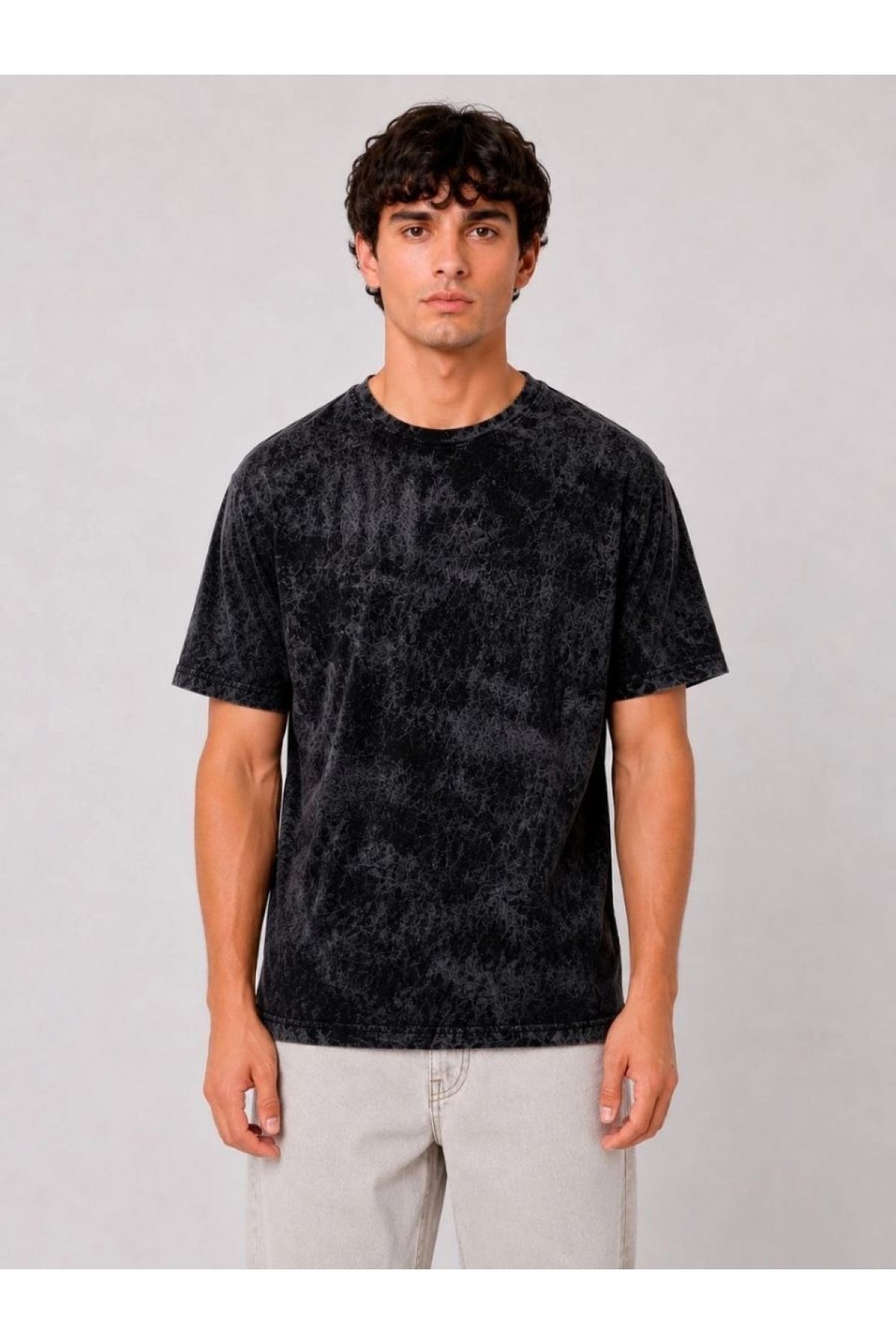 Erkek Yıkamalı Washed Effect Tişört Bisiklet Yaka Sokak Stil Kısa Kol T-Shirt - Siyah