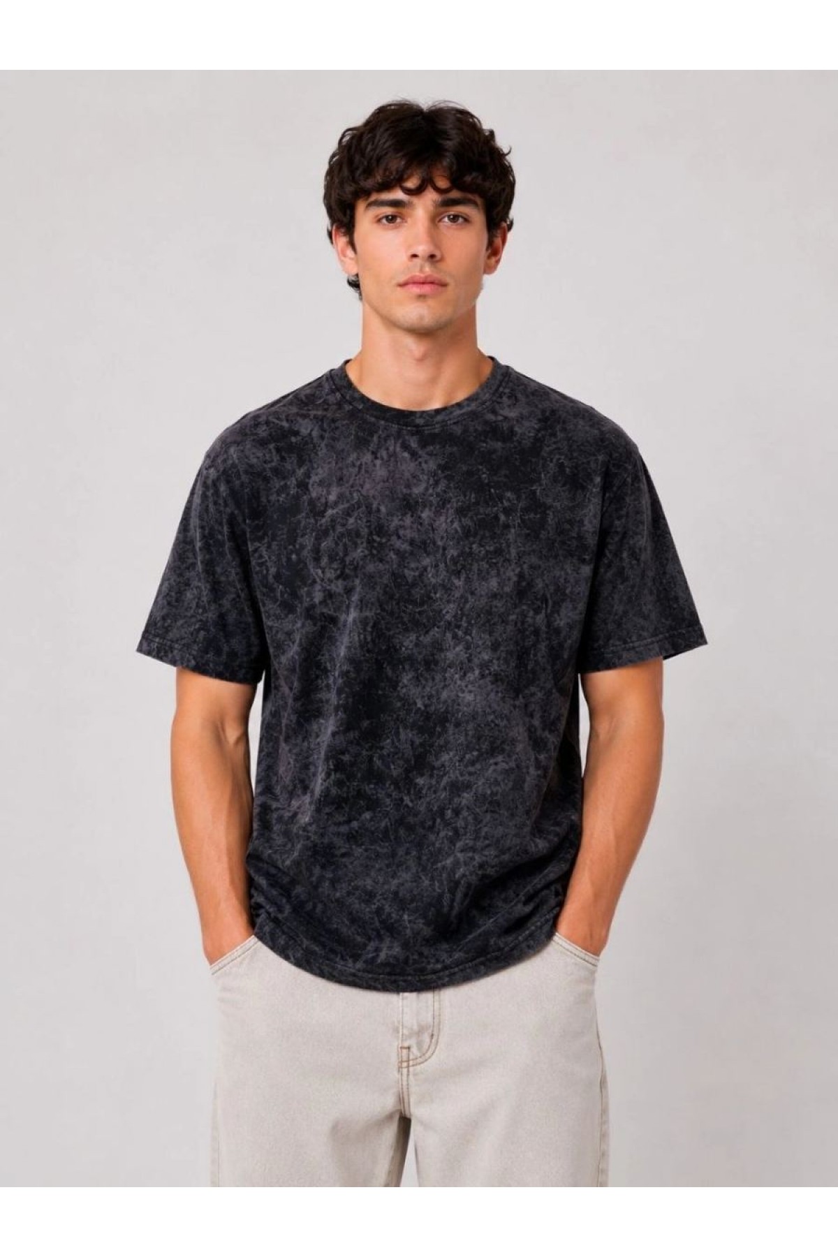 Erkek Yıkamalı Washed Effect Tişört Bisiklet Yaka Sokak Stil Kısa Kol T-Shirt - Siyah