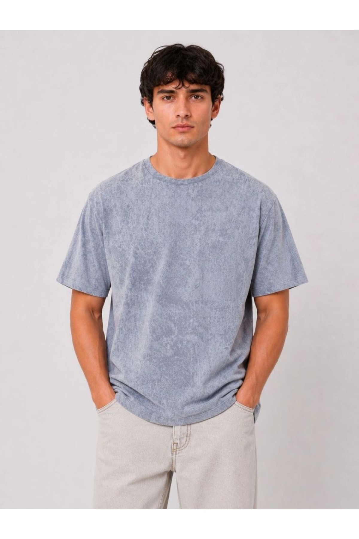 Erkek Yıkamalı Washed Effect Tişört Bisiklet Yaka Sokak Stil Kısa Kol T-Shirt - Gri