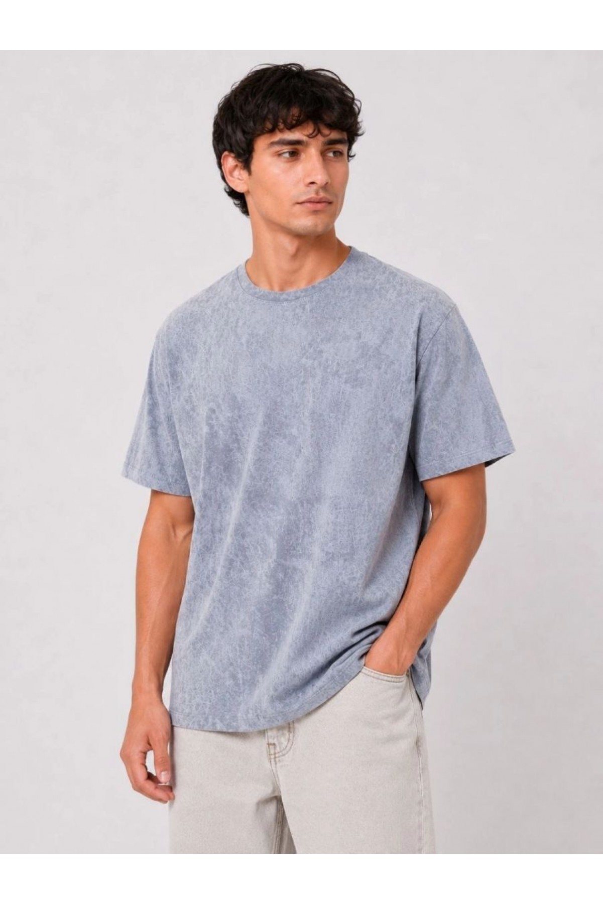Erkek Yıkamalı Washed Effect Tişört Bisiklet Yaka Sokak Stil Kısa Kol T-Shirt - Gri