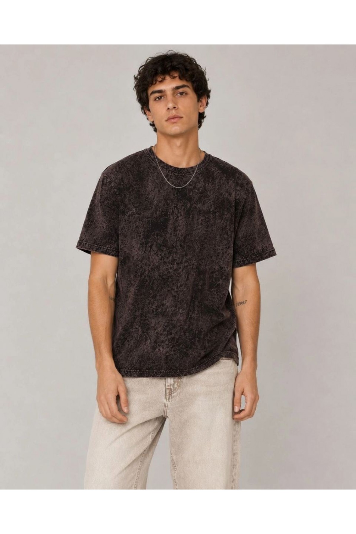 Erkek Yıkamalı Washed Effect Tişört Bisiklet Yaka Sokak Stil Kısa Kol T-Shirt - Füme