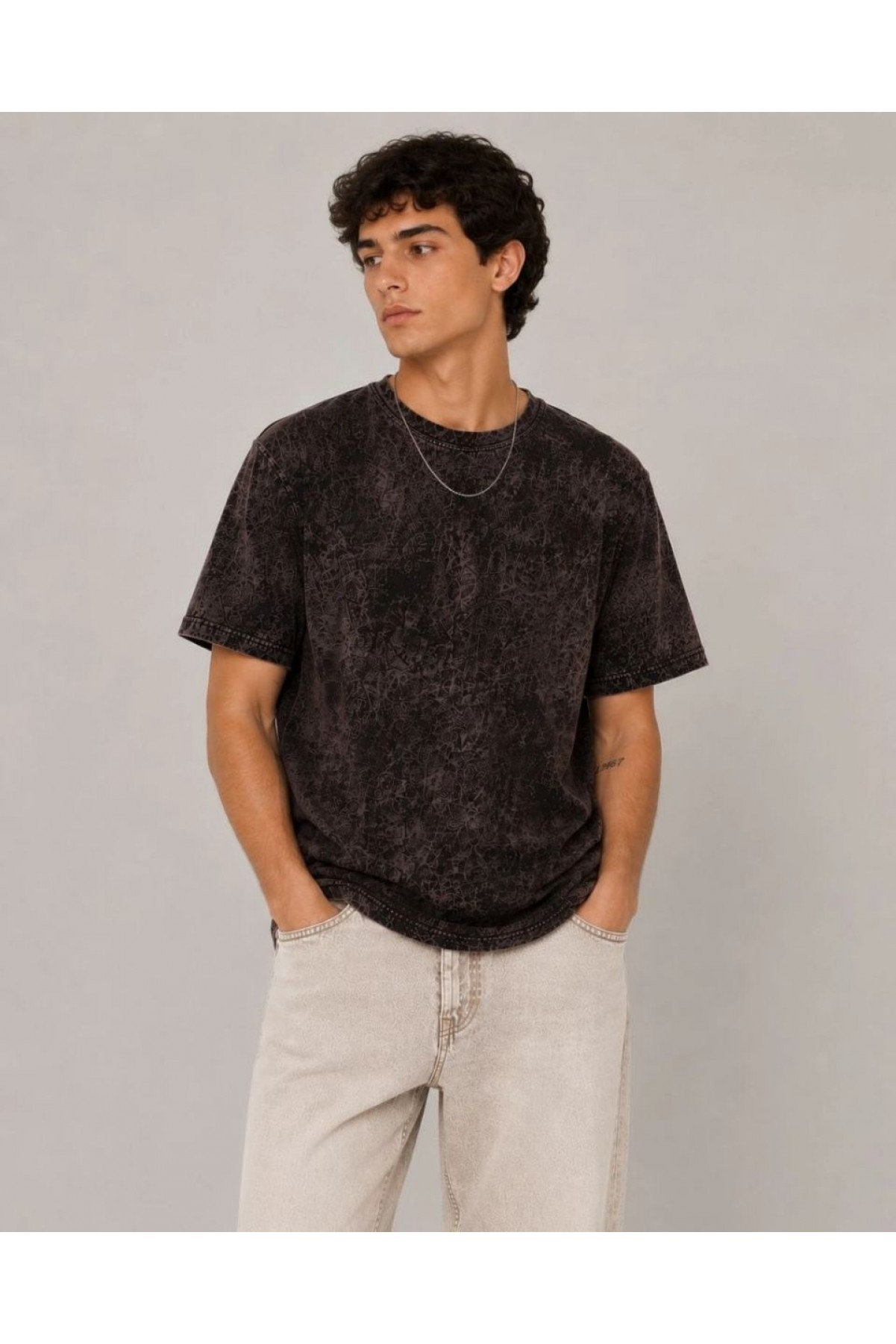Erkek Yıkamalı Washed Effect Tişört Bisiklet Yaka Sokak Stil Kısa Kol T-Shirt - Füme