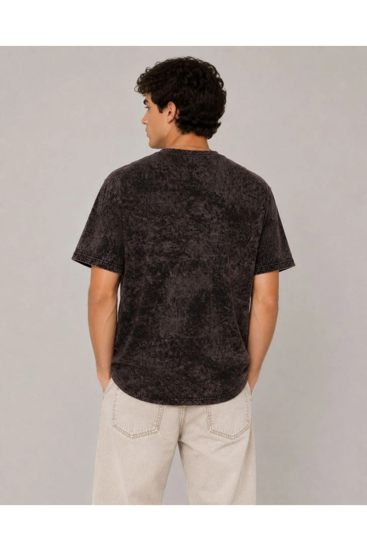 Erkek Yıkamalı Washed Effect Tişört Bisiklet Yaka Sokak Stil Kısa Kol T-Shirt - Füme