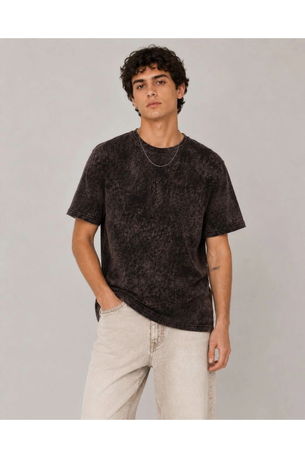 Erkek Yıkamalı Washed Effect Tişört Bisiklet Yaka Sokak Stil Kısa Kol T-Shirt - Füme