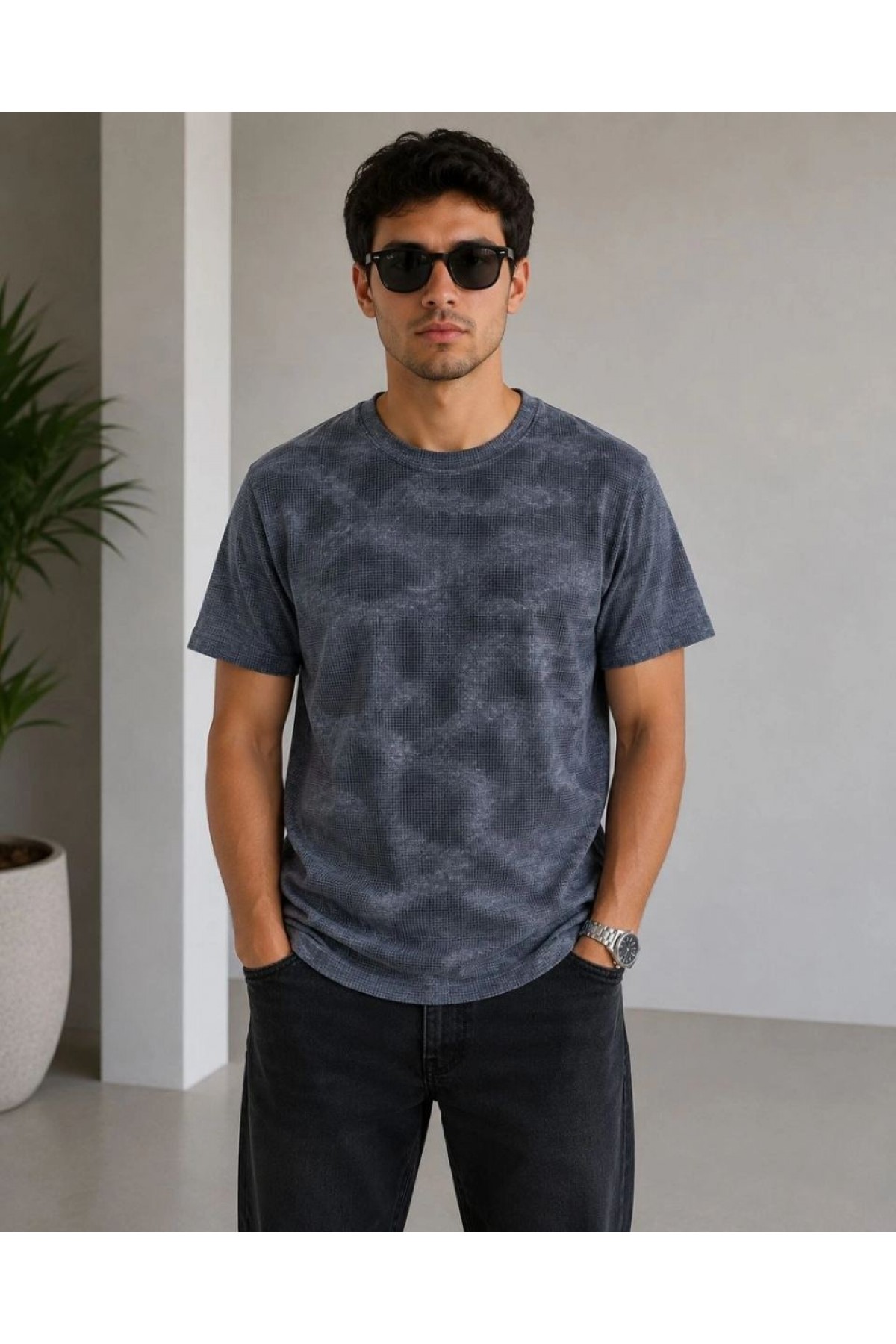 Erkek Batik Desenli Tişört Bisiklet Yaka Kısa Kol Regular Fit T-shirt - Füme