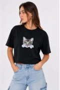 Kadın Kedi Baskılı Oversize Crop Tişört Salaş Basic Yarım Kol T-shirt - Siyah