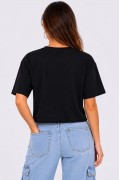 Kadın Kedi Baskılı Oversize Crop Tişört Salaş Basic Yarım Kol T-shirt - Siyah