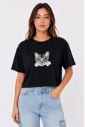 Kadın Kedi Baskılı Oversize Crop Tişört Salaş Basic Yarım Kol T-shirt - Siyah