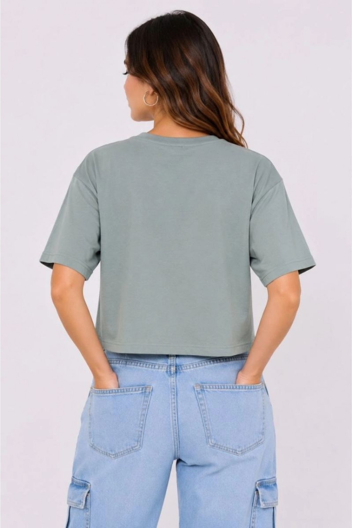 Kadın Kedi Baskılı Oversize Crop Tişört Salaş Basic Yarım Kol T-shirt - Mint Yeşili
