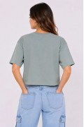 Kadın Kedi Baskılı Oversize Crop Tişört Salaş Basic Yarım Kol T-shirt - Mint Yeşili