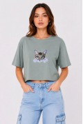 Kadın Kedi Baskılı Oversize Crop Tişört Salaş Basic Yarım Kol T-shirt - Mint Yeşili