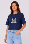 Kadın Kedi Baskılı Oversize Crop Tişört Salaş Basic Yarım Kol T-shirt - Lacivert