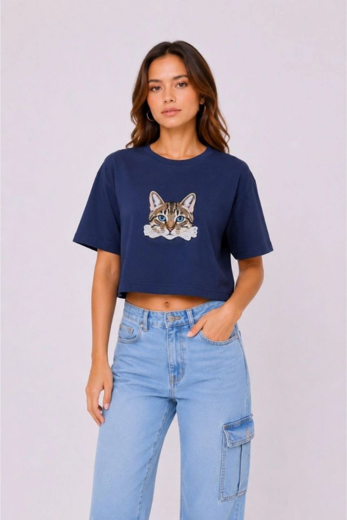 Kadın Kedi Baskılı Oversize Crop Tişört Salaş Basic Yarım Kol T-shirt - Lacivert