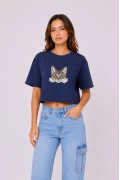 Kadın Kedi Baskılı Oversize Crop Tişört Salaş Basic Yarım Kol T-shirt - Lacivert