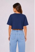 Kadın Kedi Baskılı Oversize Crop Tişört Salaş Basic Yarım Kol T-shirt - Lacivert