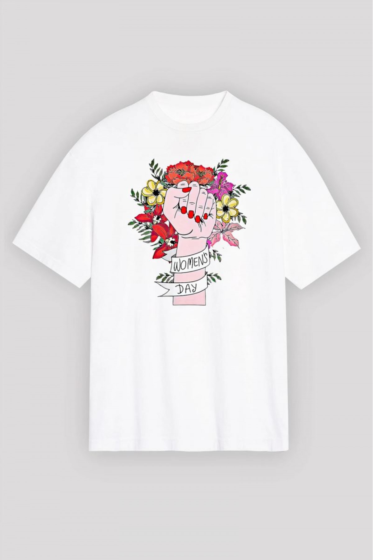 8 Mart Dünya Kadınlar Günü Baskılı Oversize Bisiklet Yaka T-shirt - Beyaz