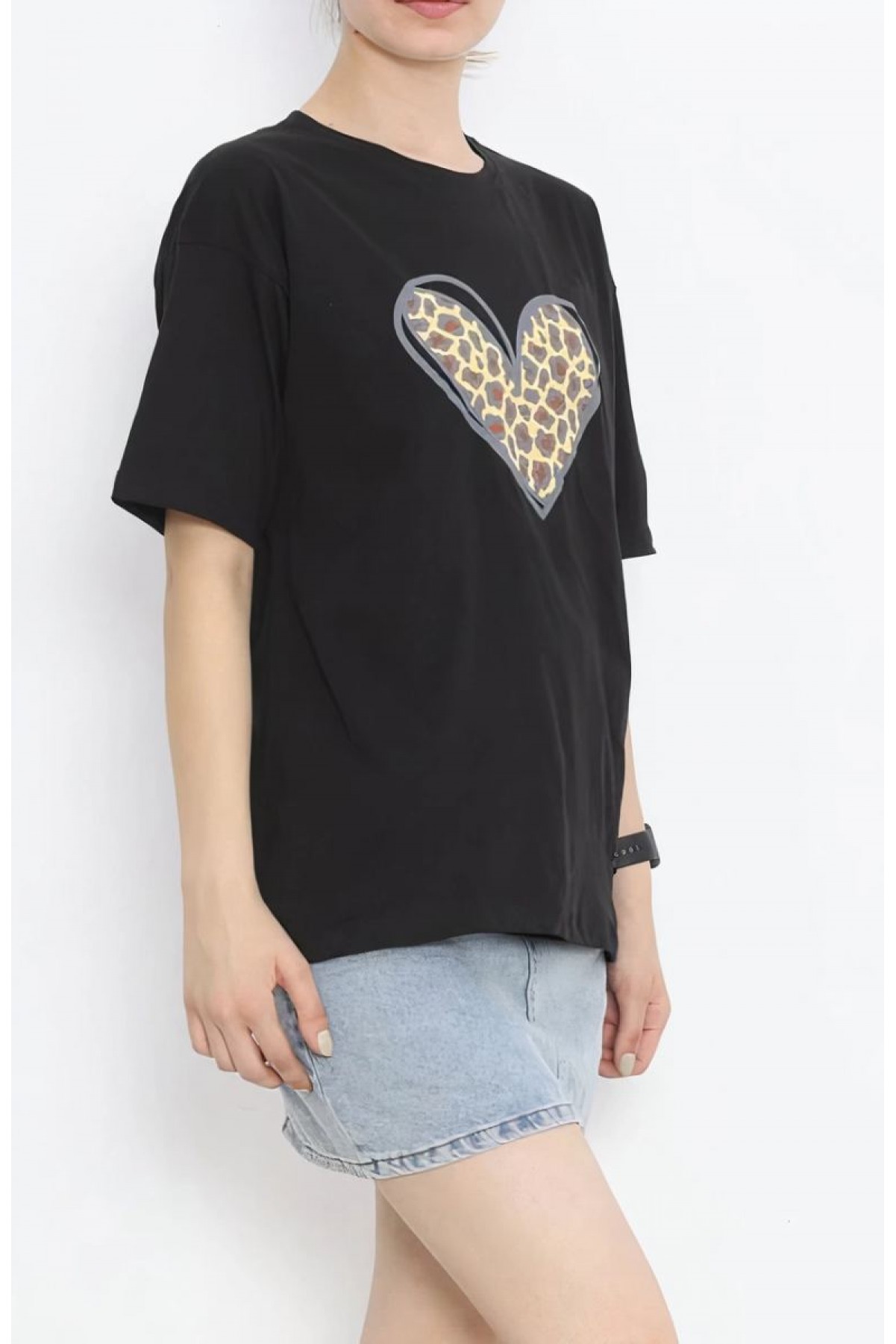 14 Şubat Sevgililer Günü Leopar Kalp Baskılı Oversize Bisiklet Yaka T-shirt - Siyah