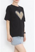 14 Şubat Sevgililer Günü Leopar Kalp Baskılı Oversize Bisiklet Yaka T-shirt - Siyah