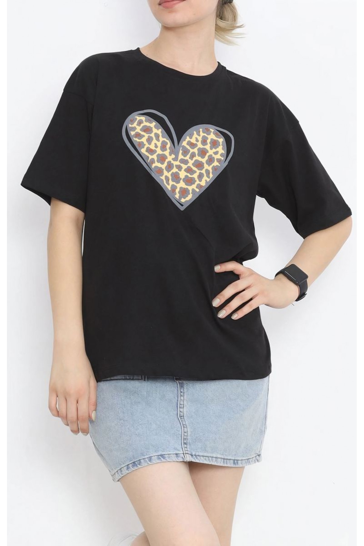 14 Şubat Sevgililer Günü Leopar Kalp Baskılı Oversize Bisiklet Yaka T-shirt - Siyah