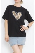 14 Şubat Sevgililer Günü Leopar Kalp Baskılı Oversize Bisiklet Yaka T-shirt - Siyah