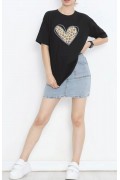 14 Şubat Sevgililer Günü Leopar Kalp Baskılı Oversize Bisiklet Yaka T-shirt - Siyah