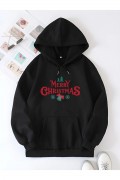 Yılbaşı Merry Christmas Baskılı Oversize Kapüşonlu Sweatshirt Hoodie - Siyah